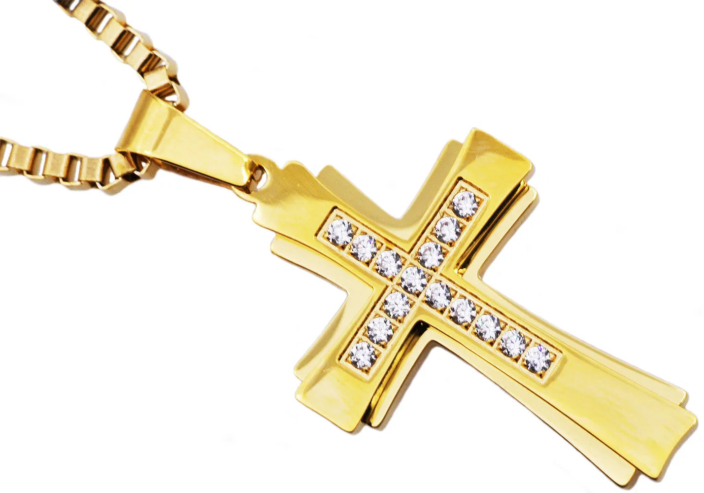 Mens Gold Stainless Steel Cross Pendant Necklace With Cubic Zirconia