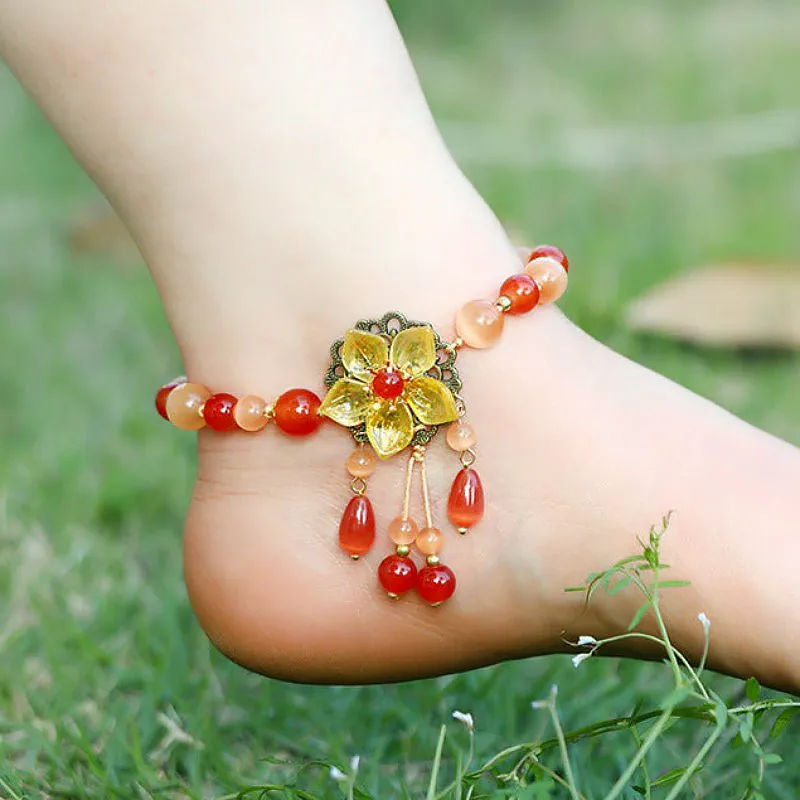 Natural Semi-Precious Stone Flower Dangle Anklets - 9 Styles