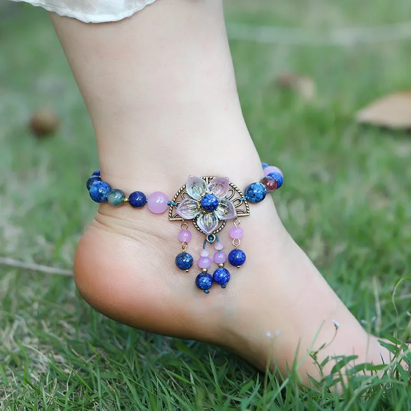 Natural Semi-Precious Stone Flower Dangle Anklets - 9 Styles