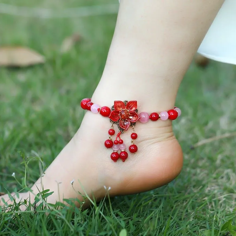 Natural Semi-Precious Stone Flower Dangle Anklets - 9 Styles