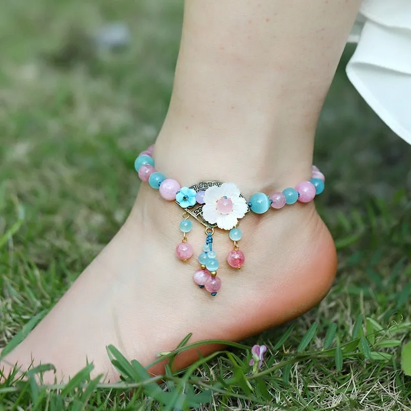 Natural Semi-Precious Stone Flower Dangle Anklets - 9 Styles