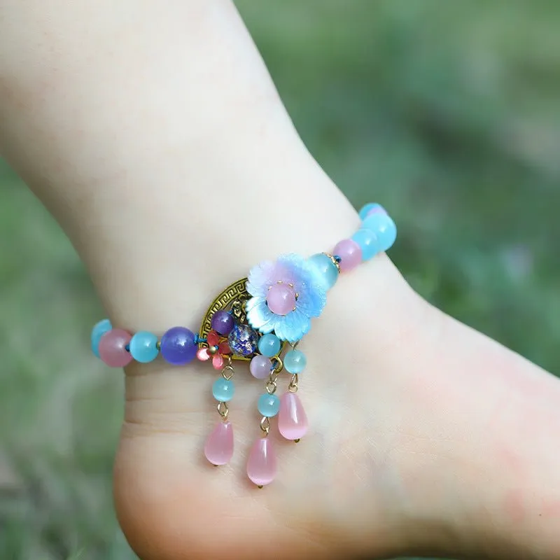 Natural Semi-Precious Stone Flower Dangle Anklets - 9 Styles