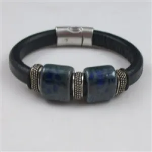 Navy Leather  Bracelet with Ceramic Accents Plus Size