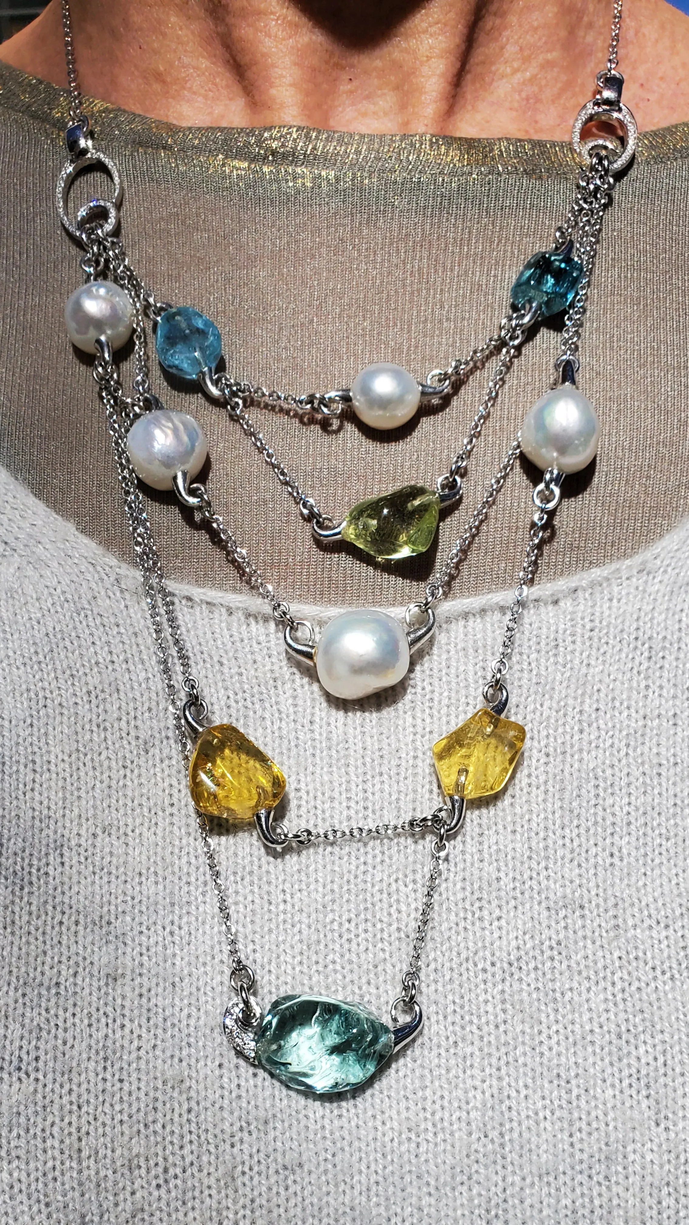 One of a kind South Sea Pearl & Beryl Layered Necklace