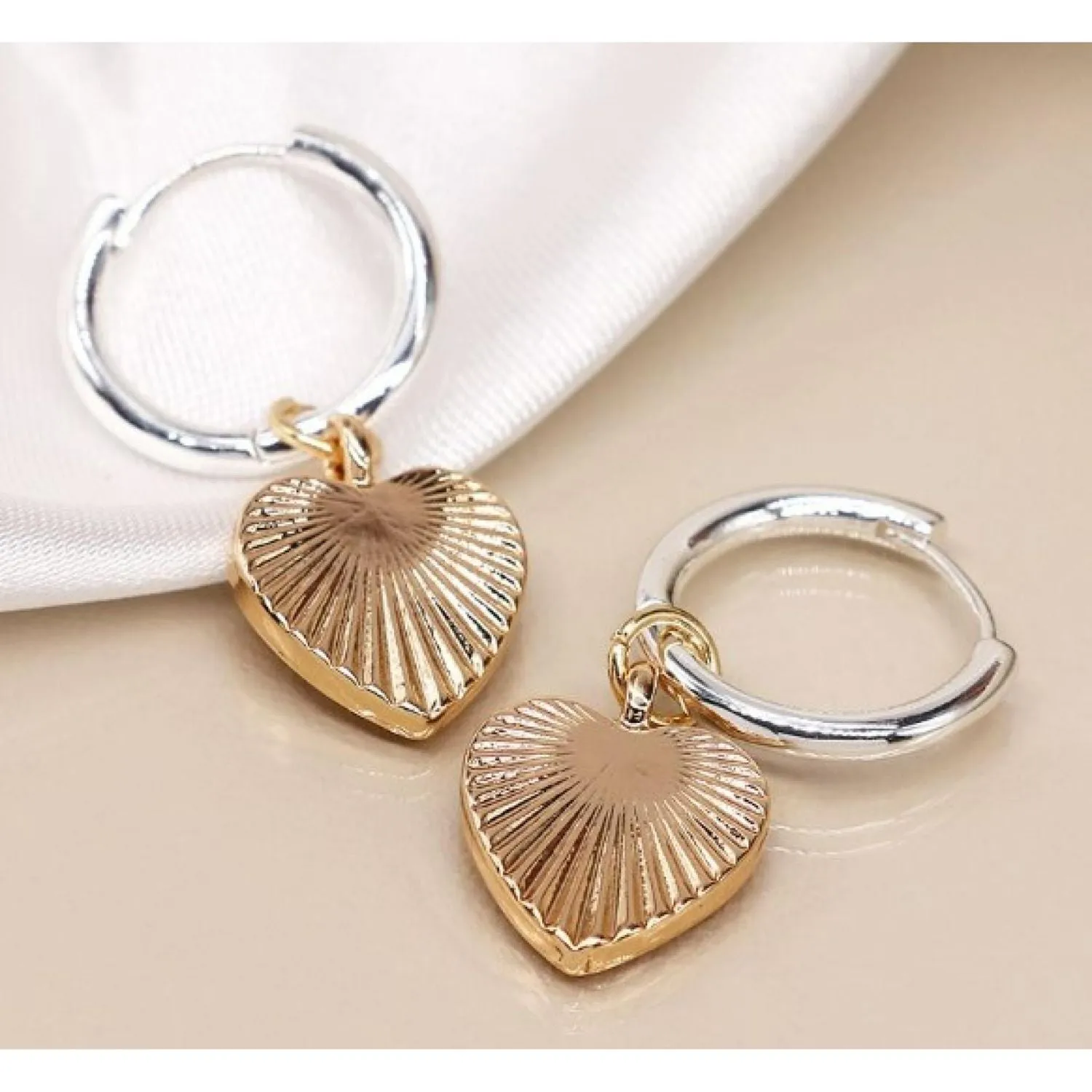 POM Silver & Gold Embossed Heart Sleeper Hoop Earring