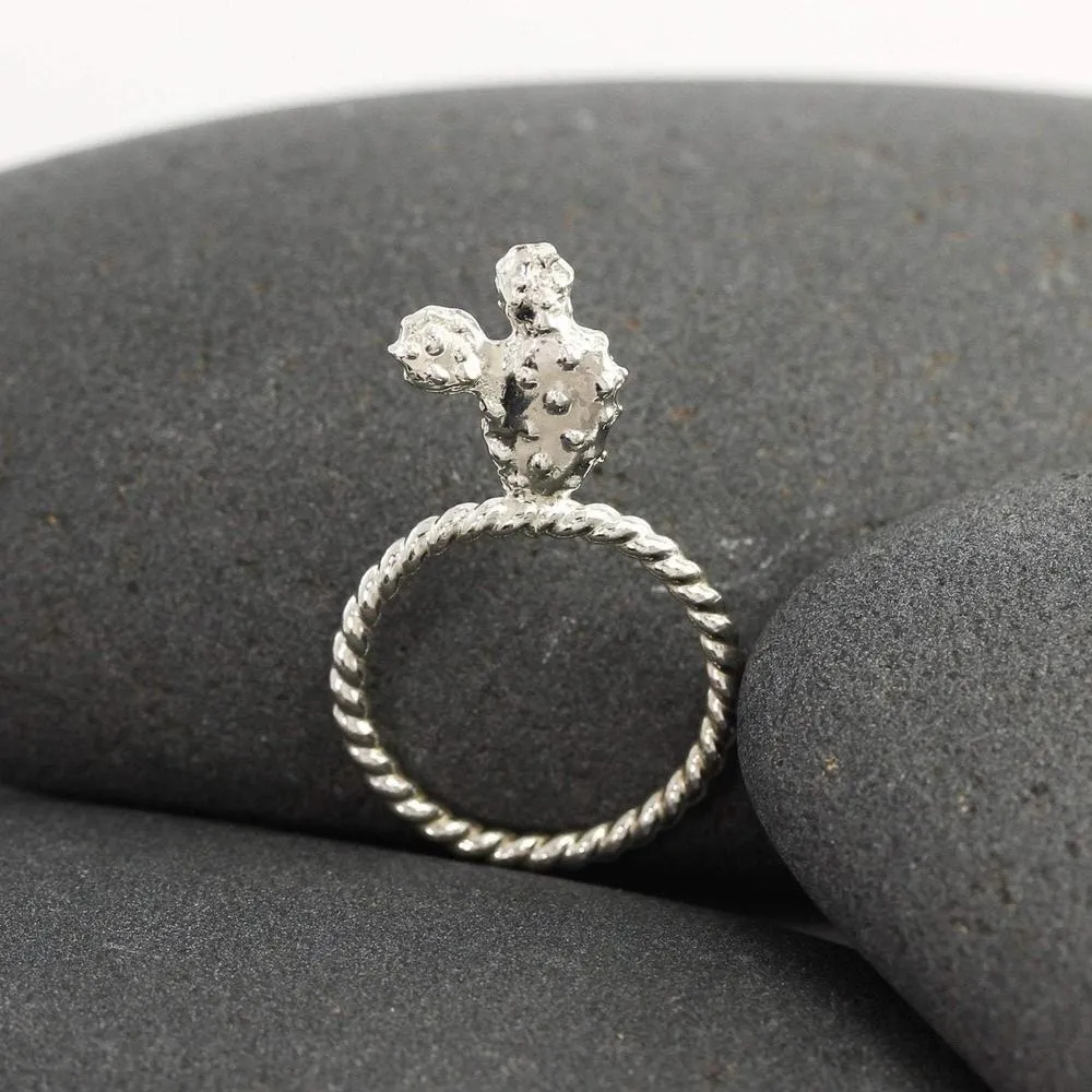 Prickly Pear Cactus Succulent Ring in Silver