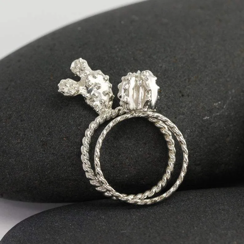 Prickly Pear Cactus Succulent Ring in Silver