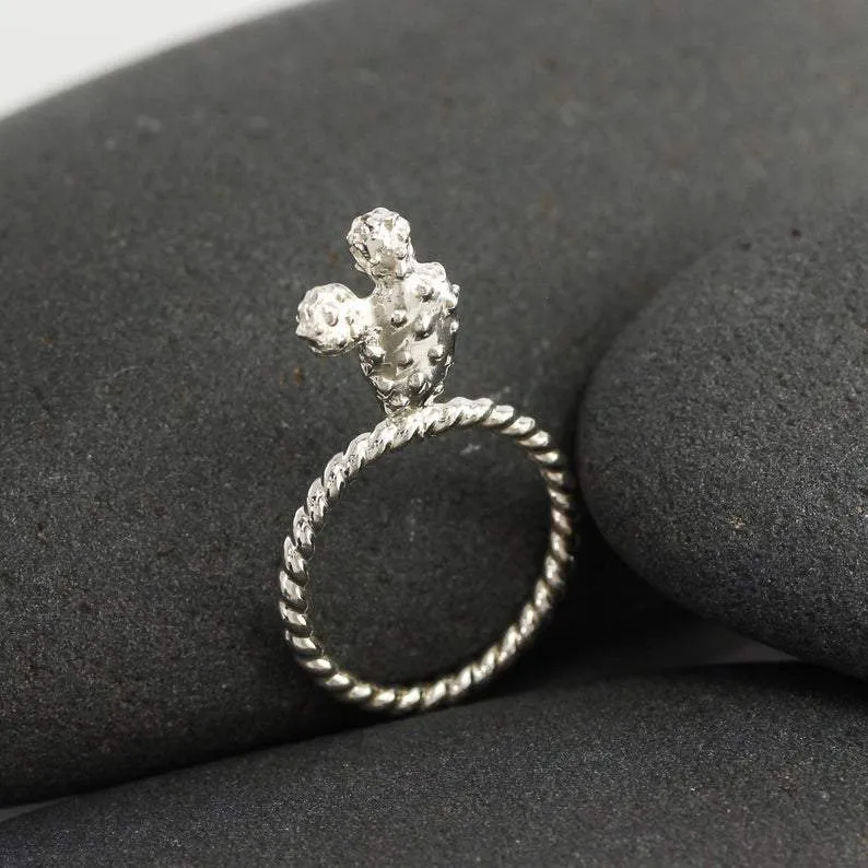 Prickly Pear Cactus Succulent Ring in Silver