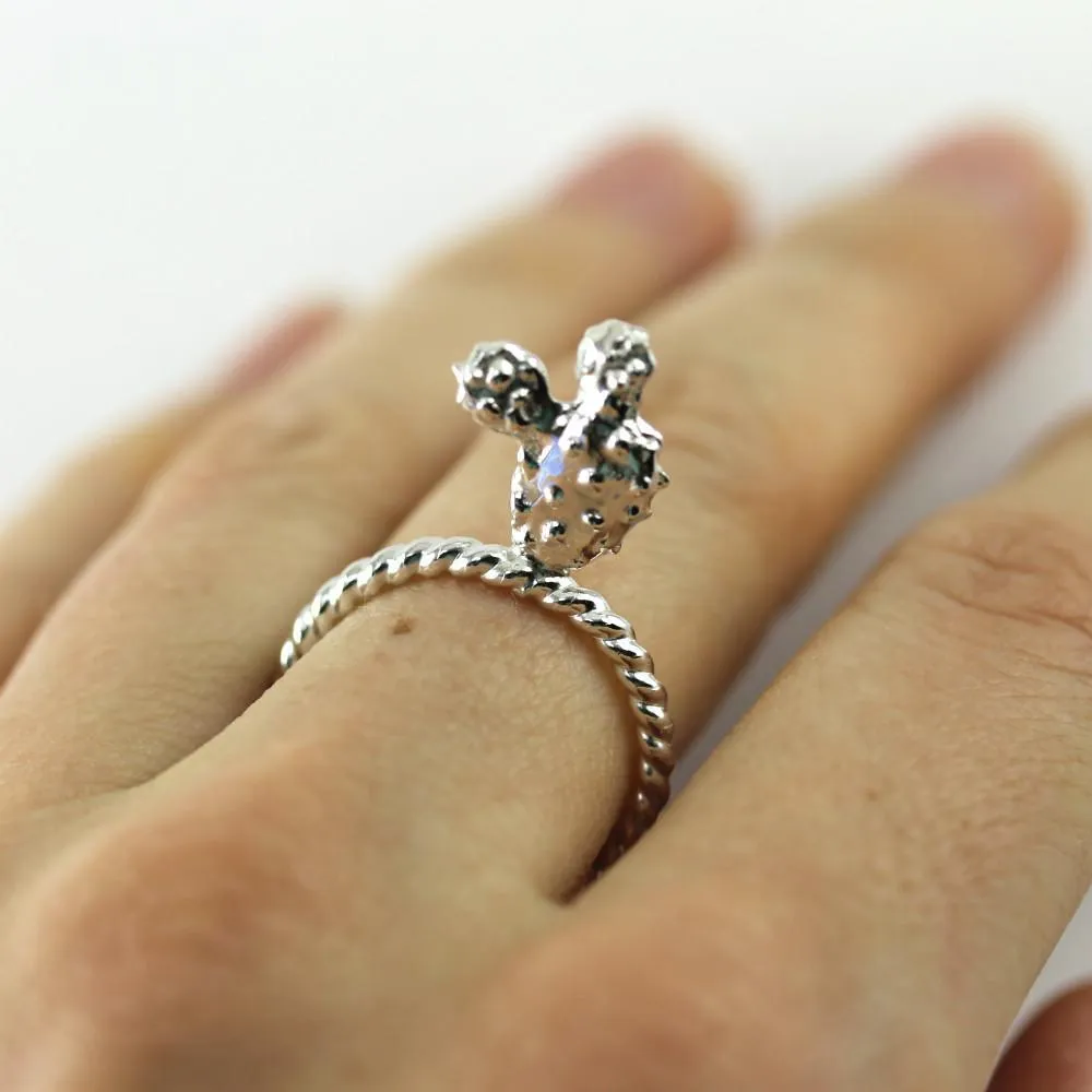 Prickly Pear Cactus Succulent Ring in Silver