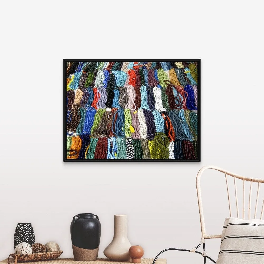 "Colorful necklaces made of artificial gems, beads and stones for sale, Chenna" Black Float Frame Canvas Art