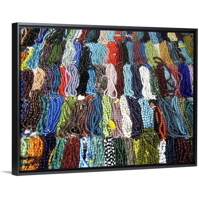 "Colorful necklaces made of artificial gems, beads and stones for sale, Chenna" Black Float Frame Canvas Art