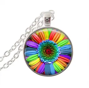 Rainbow Daisy Flower, Colorful Blossom Jewelry Glass Cabochon Round Neckless