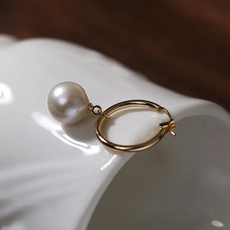 Round Baroque Pearl Drop Hoop Earrings