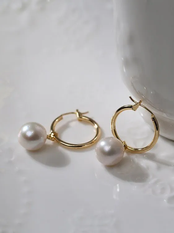 Round Baroque Pearl Drop Hoop Earrings