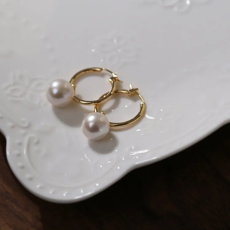 Round Baroque Pearl Drop Hoop Earrings