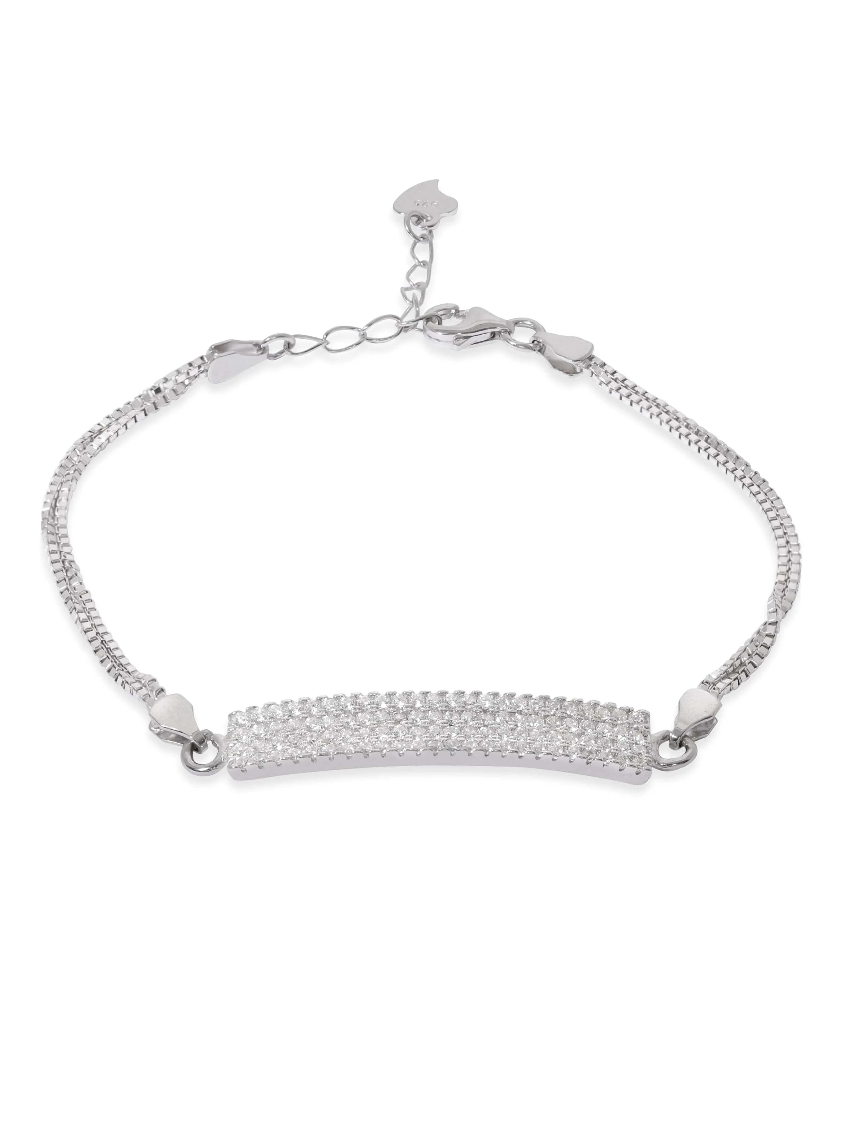 Rubans Silver Rhodium Plated 925 Sterling Silver Pave Zirconia Tag Classic Pull Bracelet