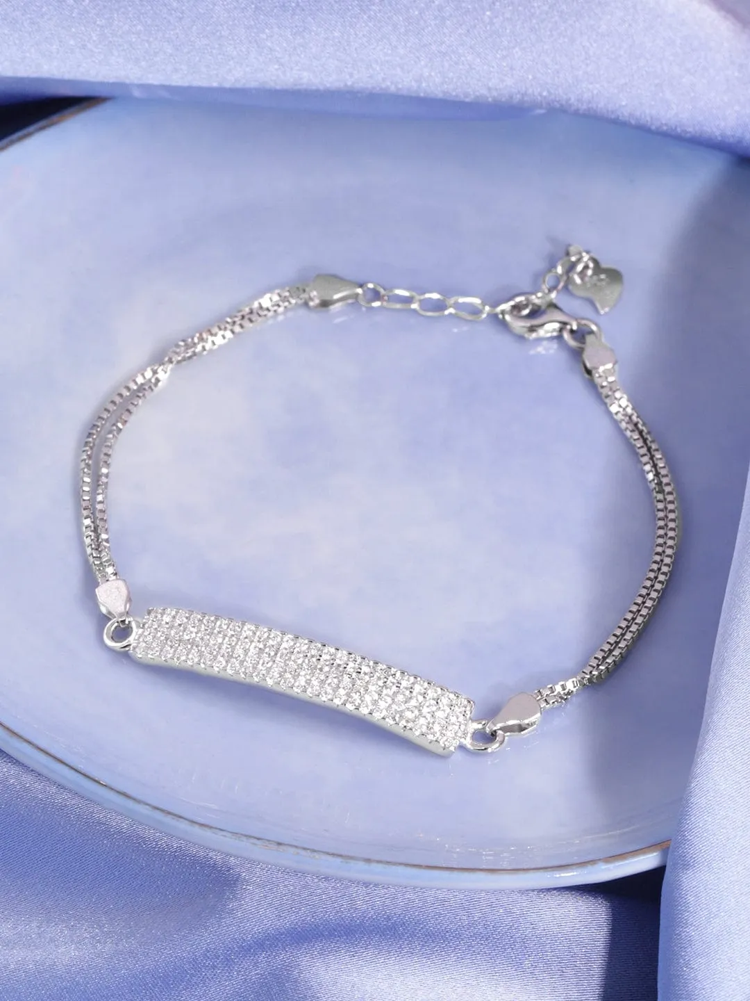 Rubans Silver Rhodium Plated 925 Sterling Silver Pave Zirconia Tag Classic Pull Bracelet