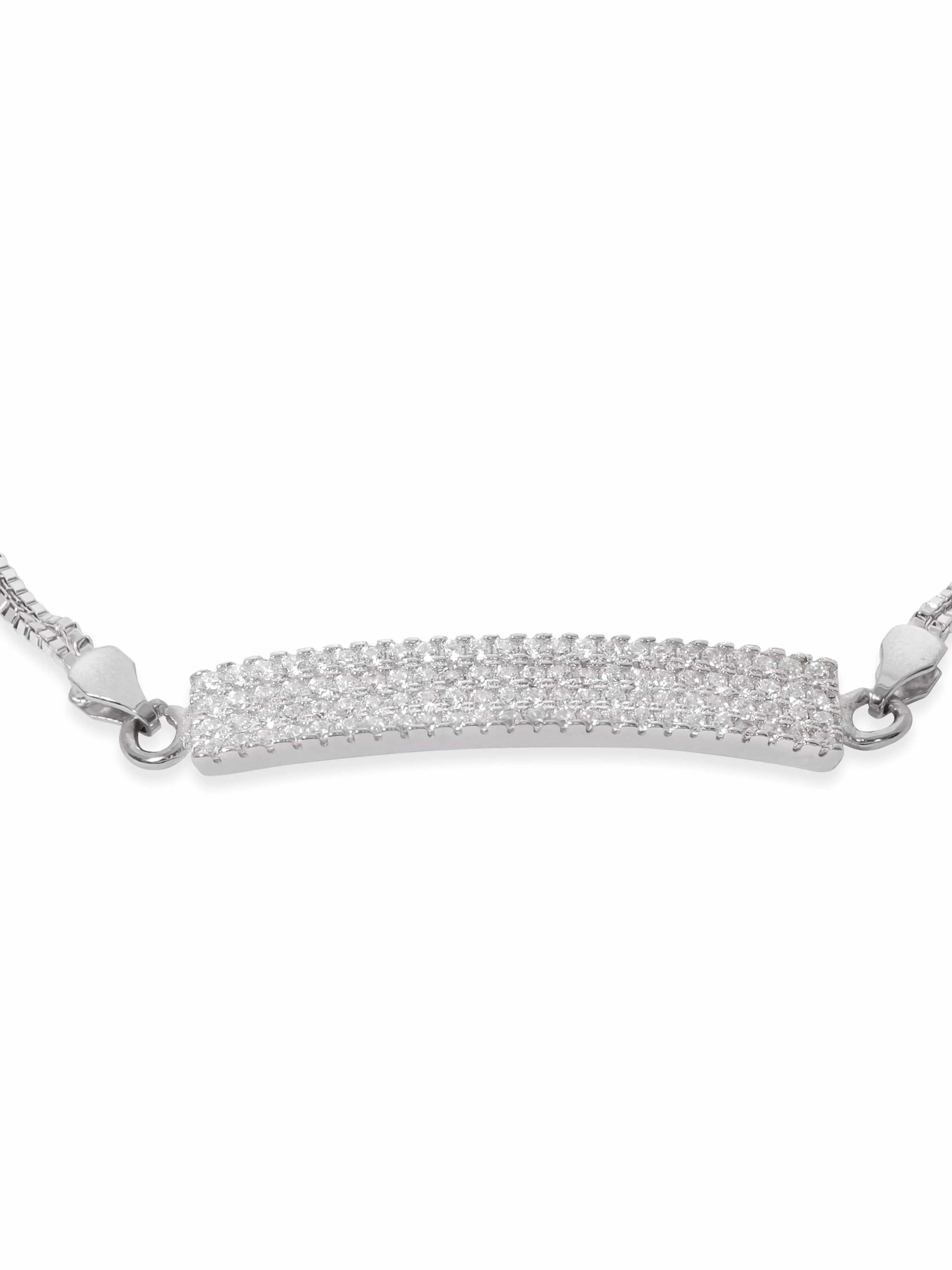 Rubans Silver Rhodium Plated 925 Sterling Silver Pave Zirconia Tag Classic Pull Bracelet