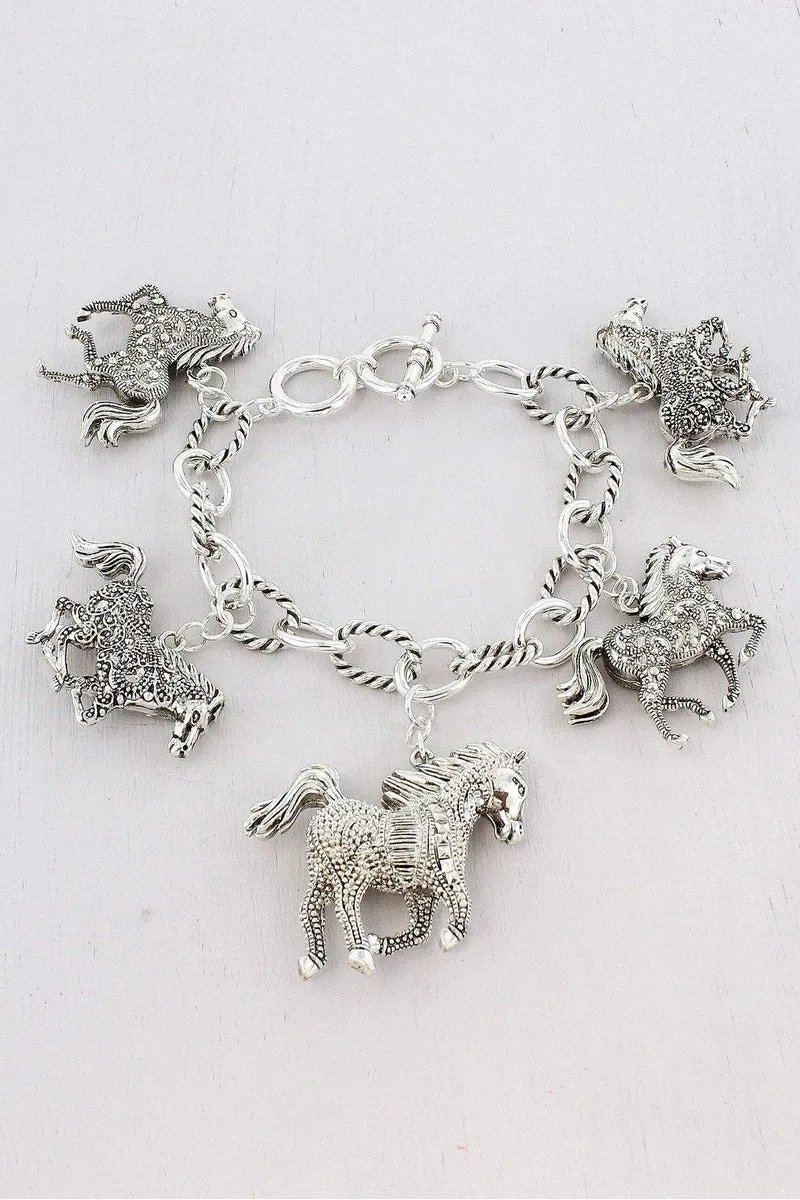 SALE! Multi-Textured Silvertone Horse Charm Toggle Bracelet