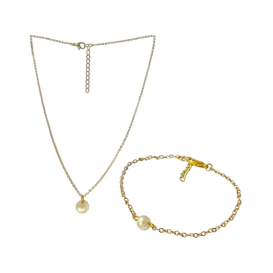 Set of 2 Pearl Pendant Gold-Toned Necklace & Bracelet