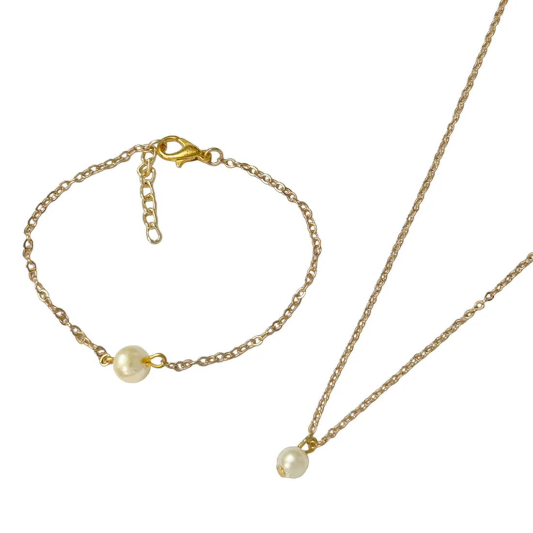 Set of 2 Pearl Pendant Gold-Toned Necklace & Bracelet