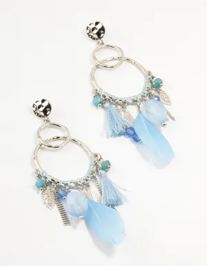 Silver Light Blue Feather Dream Catcher Drop Earrings