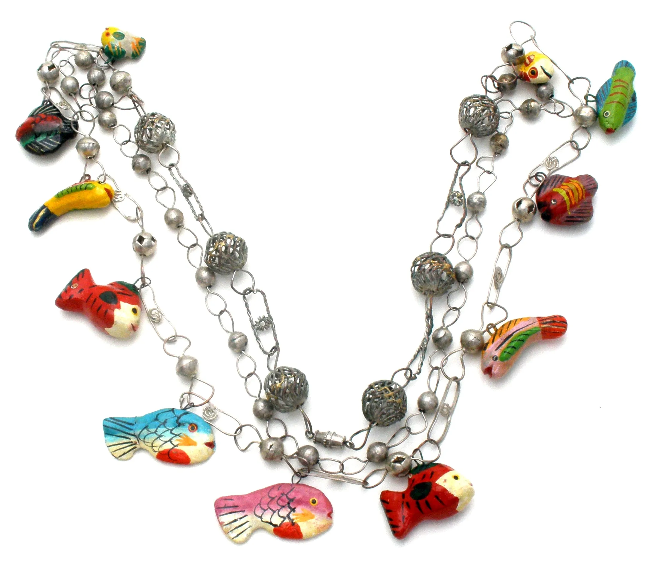 Silver Link Necklace with Enamel Wood Fish Charms