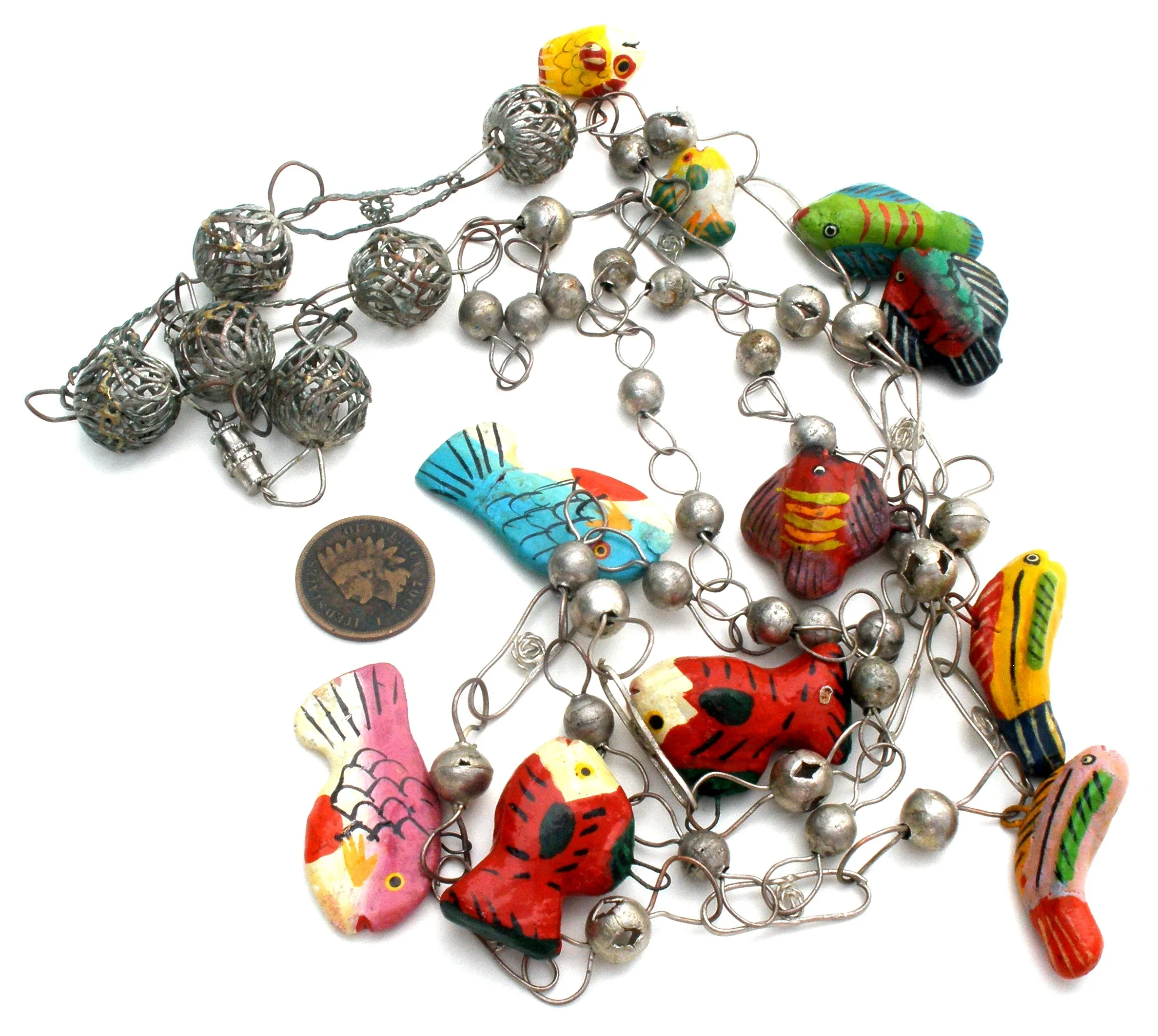 Silver Link Necklace with Enamel Wood Fish Charms