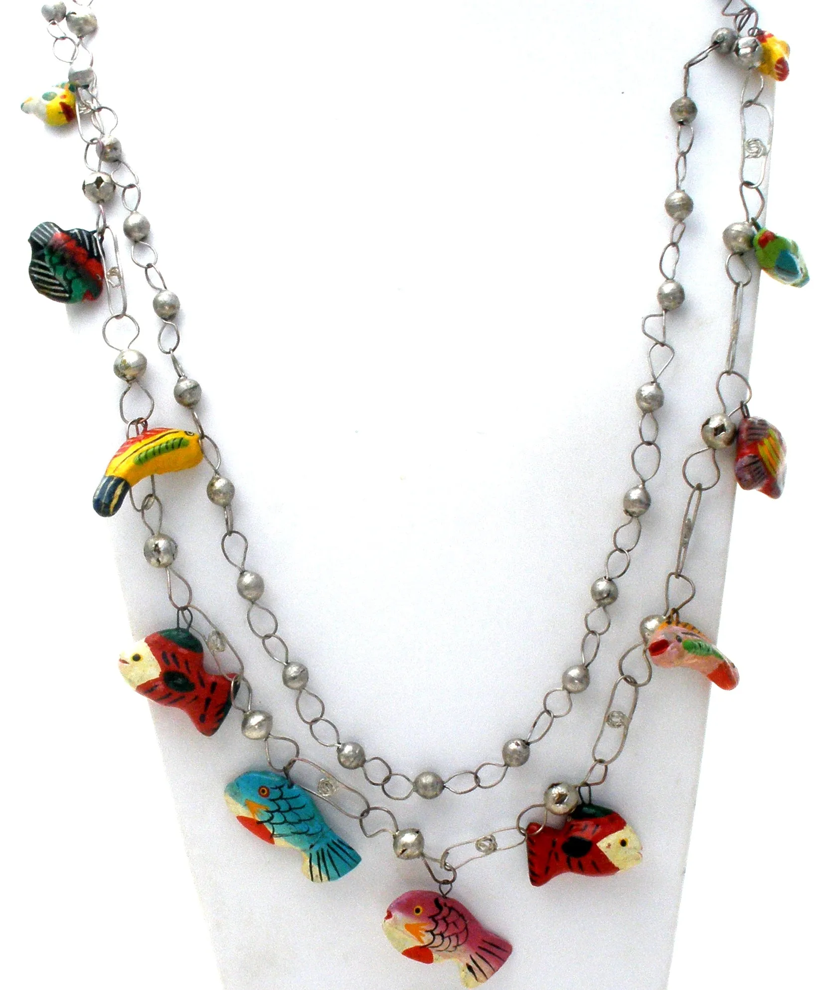 Silver Link Necklace with Enamel Wood Fish Charms