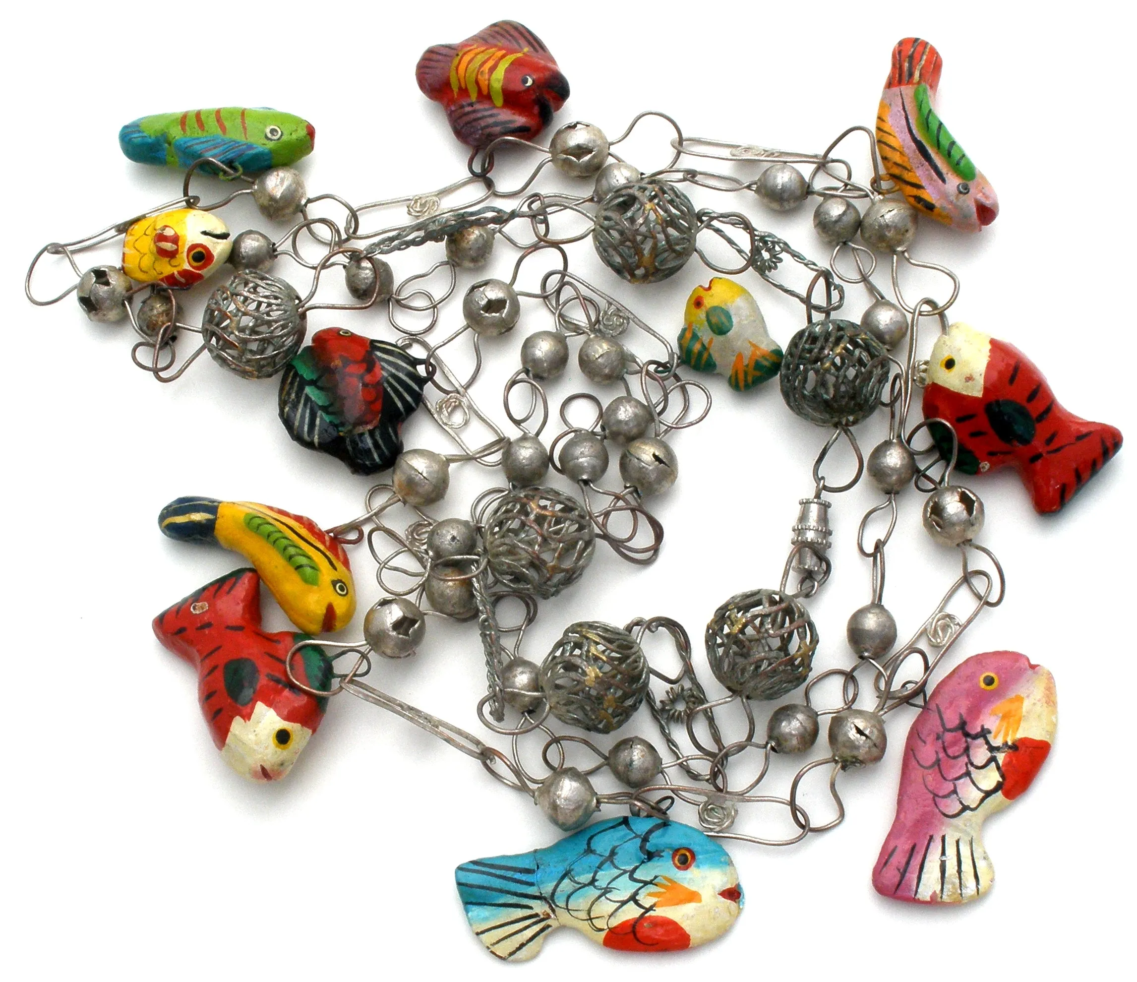 Silver Link Necklace with Enamel Wood Fish Charms