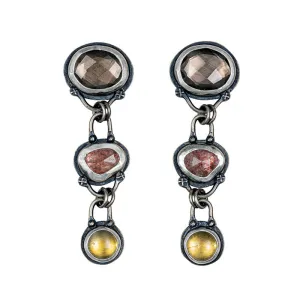 Smoky Quartz, Sunstone And Citrine 3 Stone Earrings