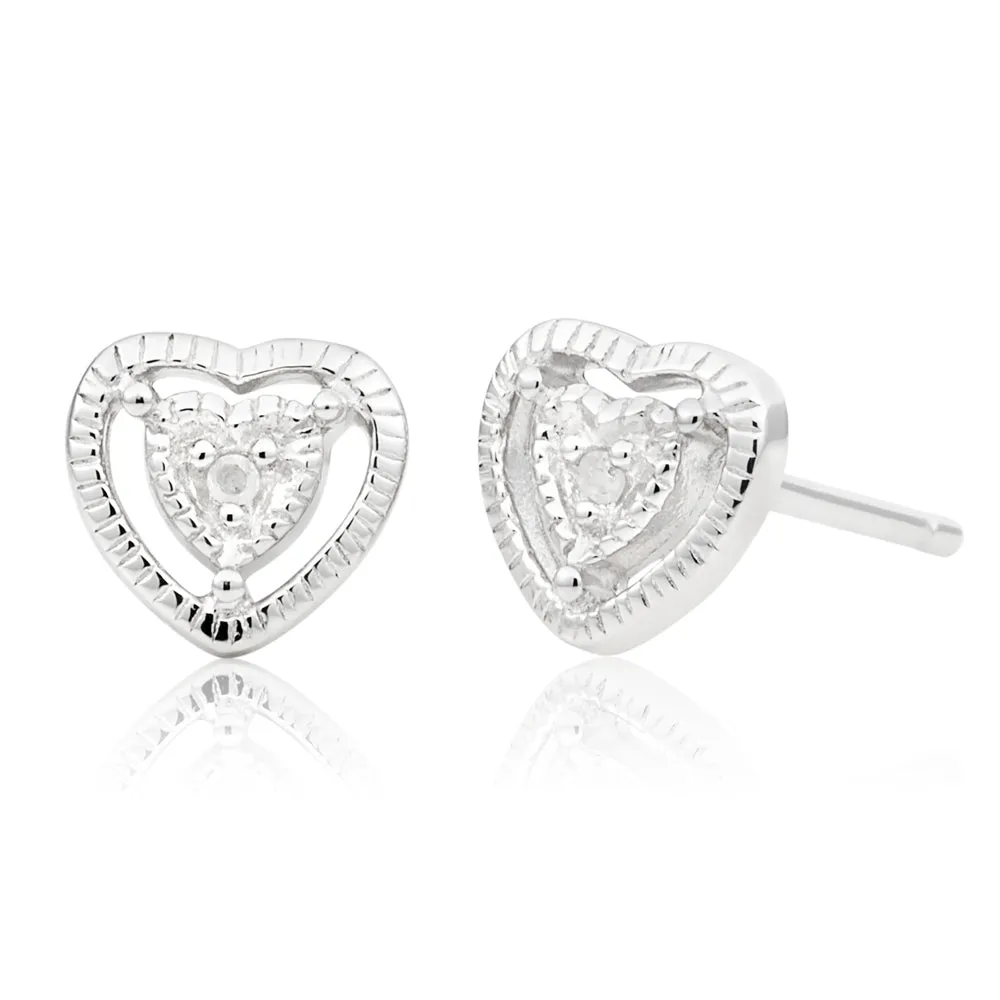 Sterling Silver Diamond Heart Stud Earrings