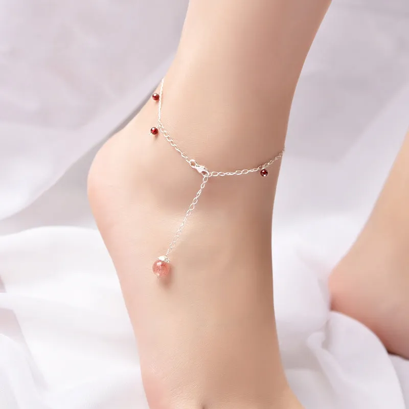 Sterling Silver Garnet Strawberry Quartz Crystal Beaded Anklet Handmade Jewelry Accessories Women