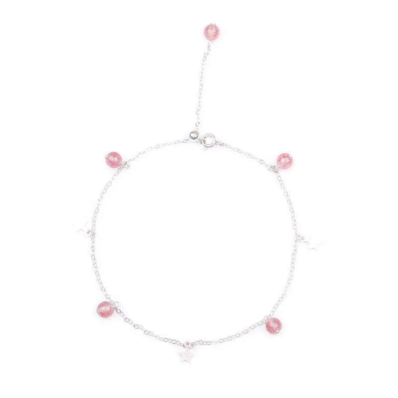 Sterling Silver Strawberry Quartz Beaded Anklet Handmade Jewelry Gemstone Accessories Women