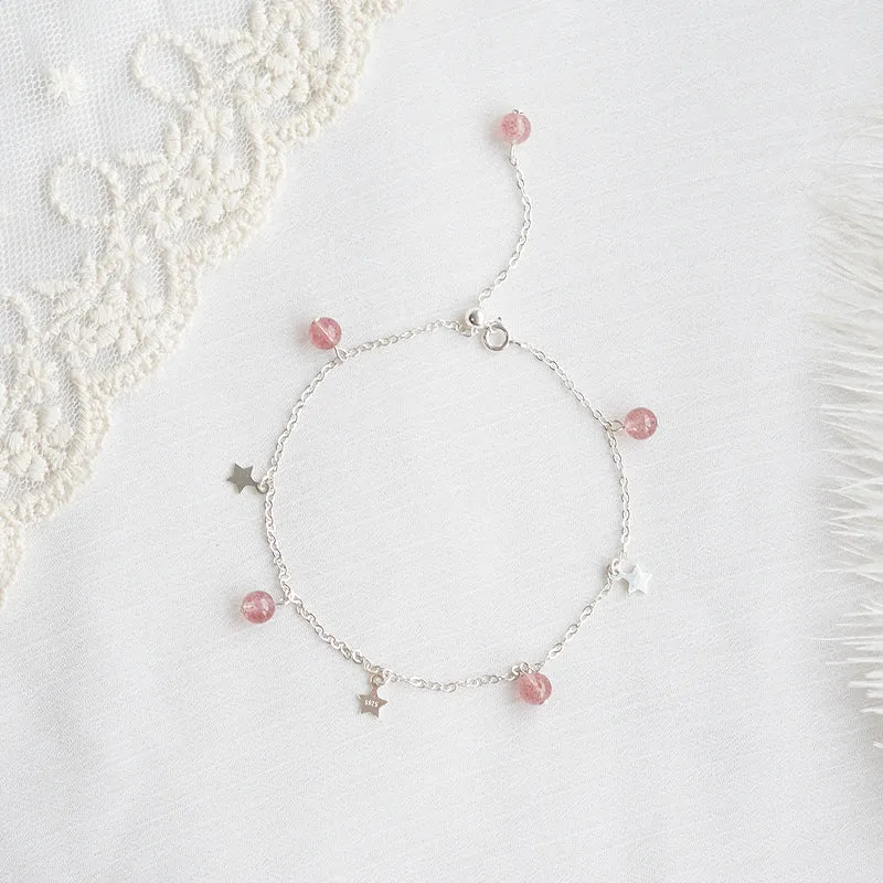 Sterling Silver Strawberry Quartz Beaded Anklet Handmade Jewelry Gemstone Accessories Women