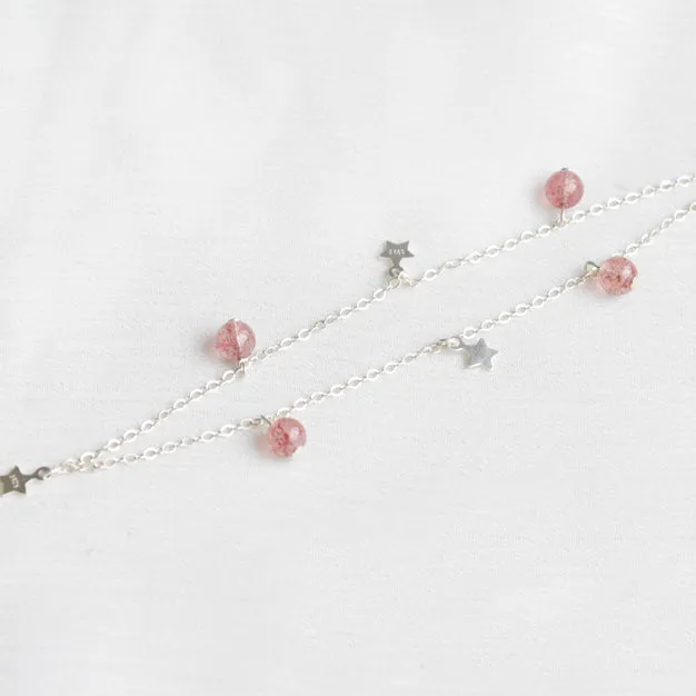 Sterling Silver Strawberry Quartz Beaded Anklet Handmade Jewelry Gemstone Accessories Women