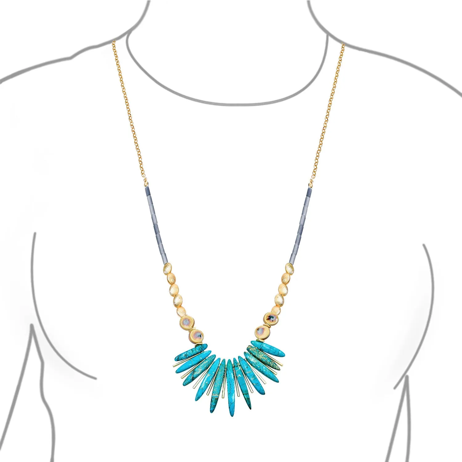 Tribal Spike Gemstone Collar Necklace with Irregular Beads for Teens Gold Plated