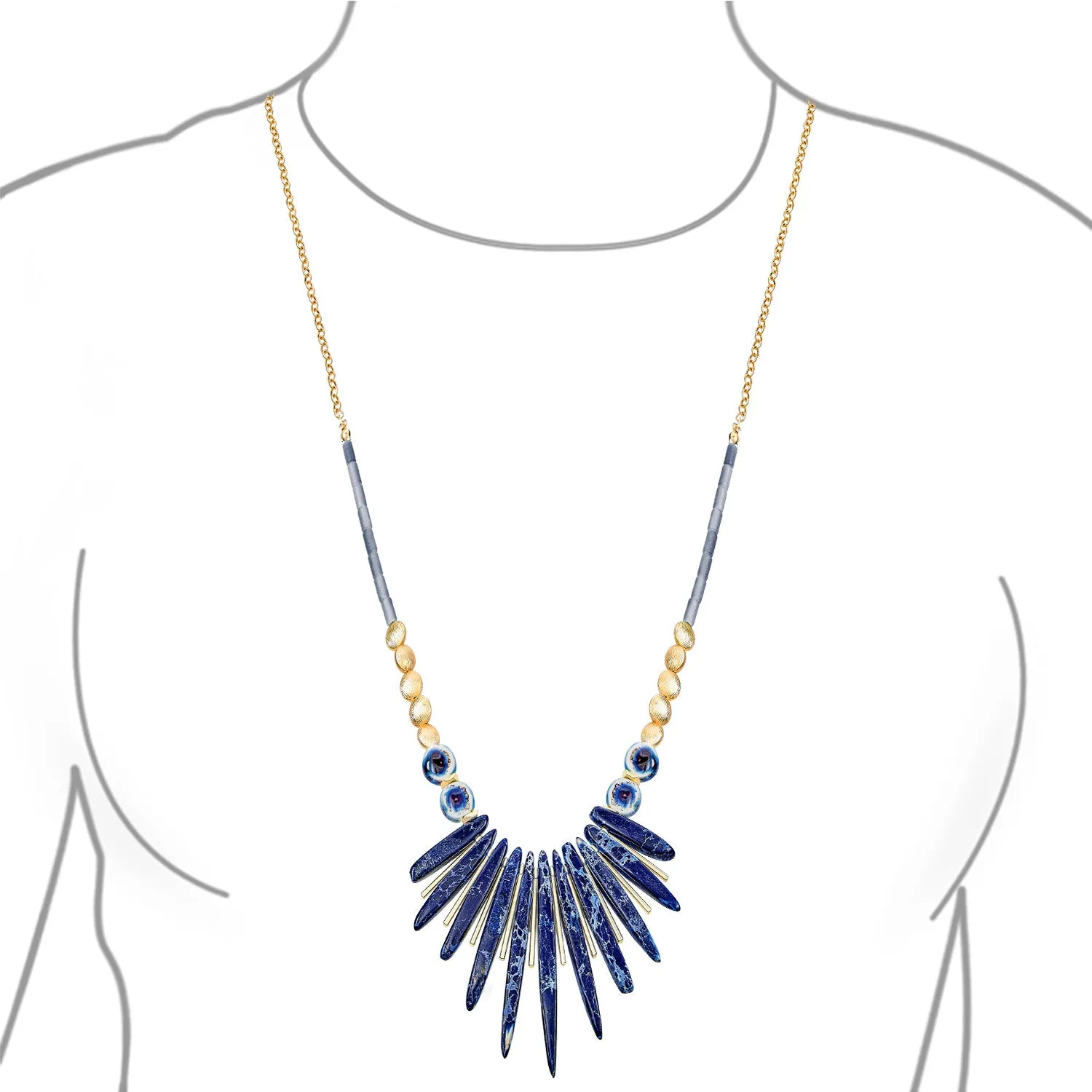 Tribal Spike Gemstone Collar Necklace with Irregular Beads for Teens Gold Plated