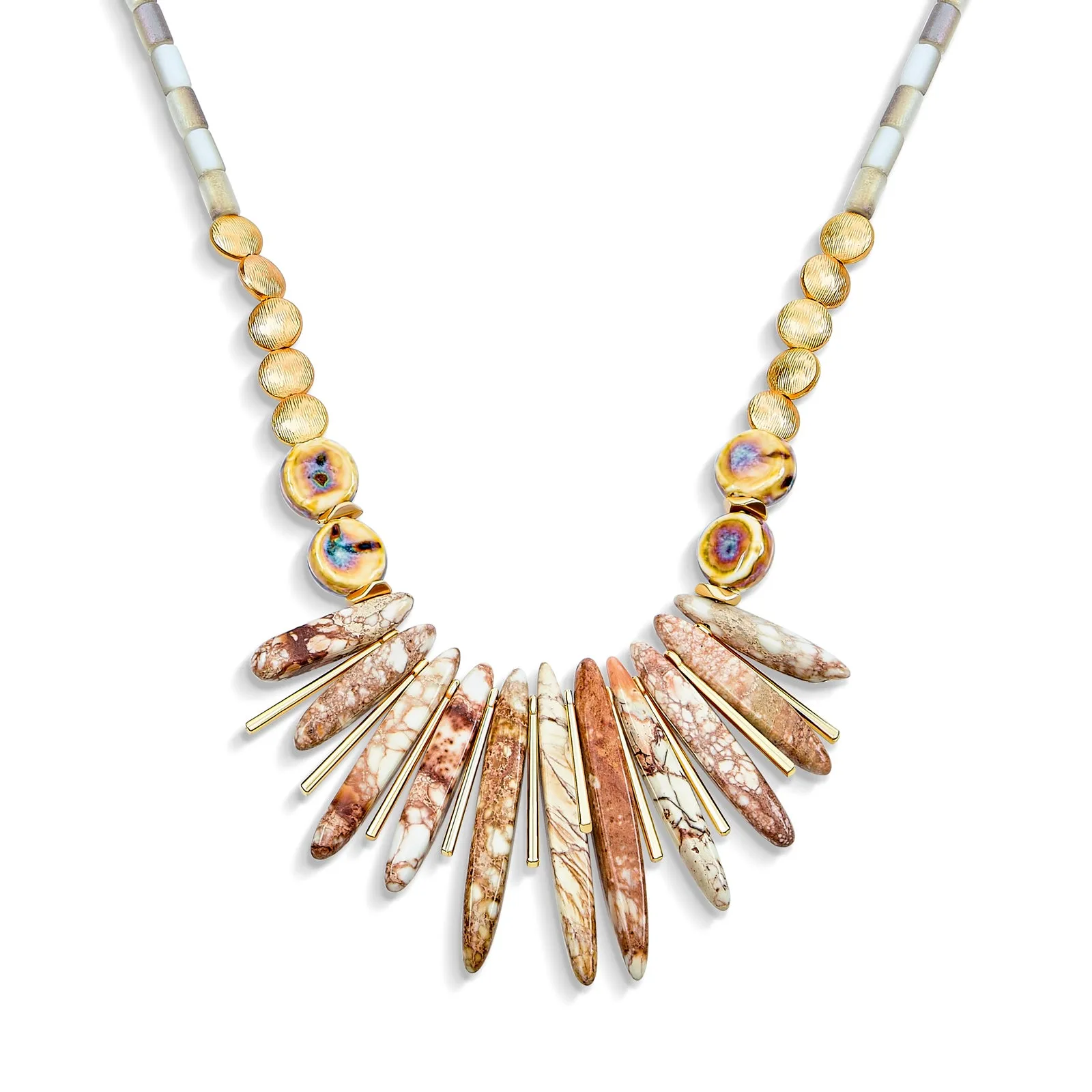 Tribal Spike Gemstone Collar Necklace with Irregular Beads for Teens Gold Plated