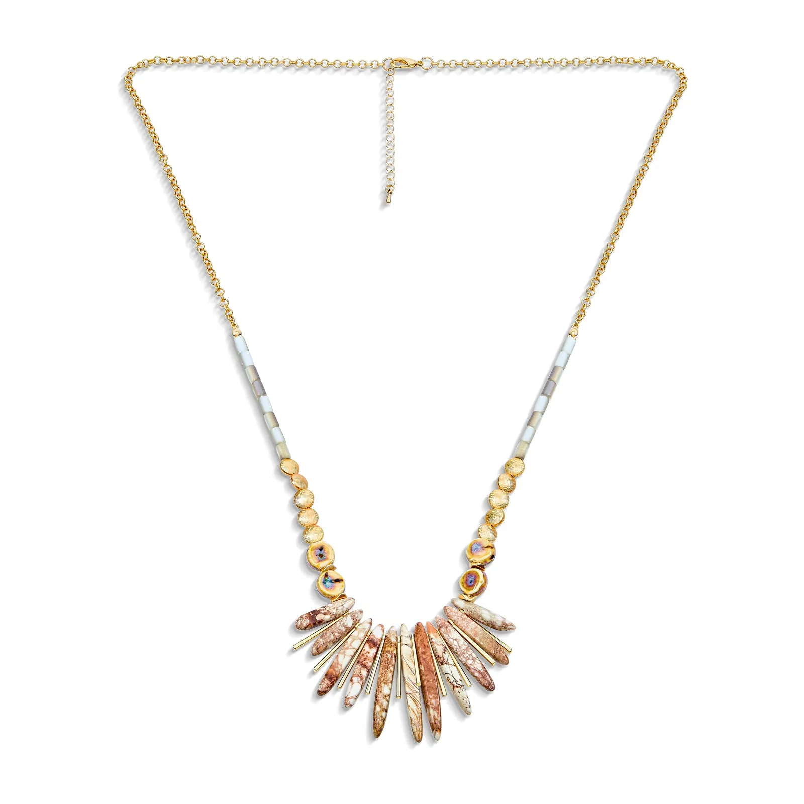 Tribal Spike Gemstone Collar Necklace with Irregular Beads for Teens Gold Plated