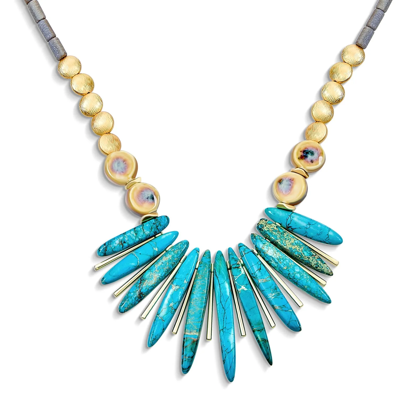 Tribal Spike Gemstone Collar Necklace with Irregular Beads for Teens Gold Plated