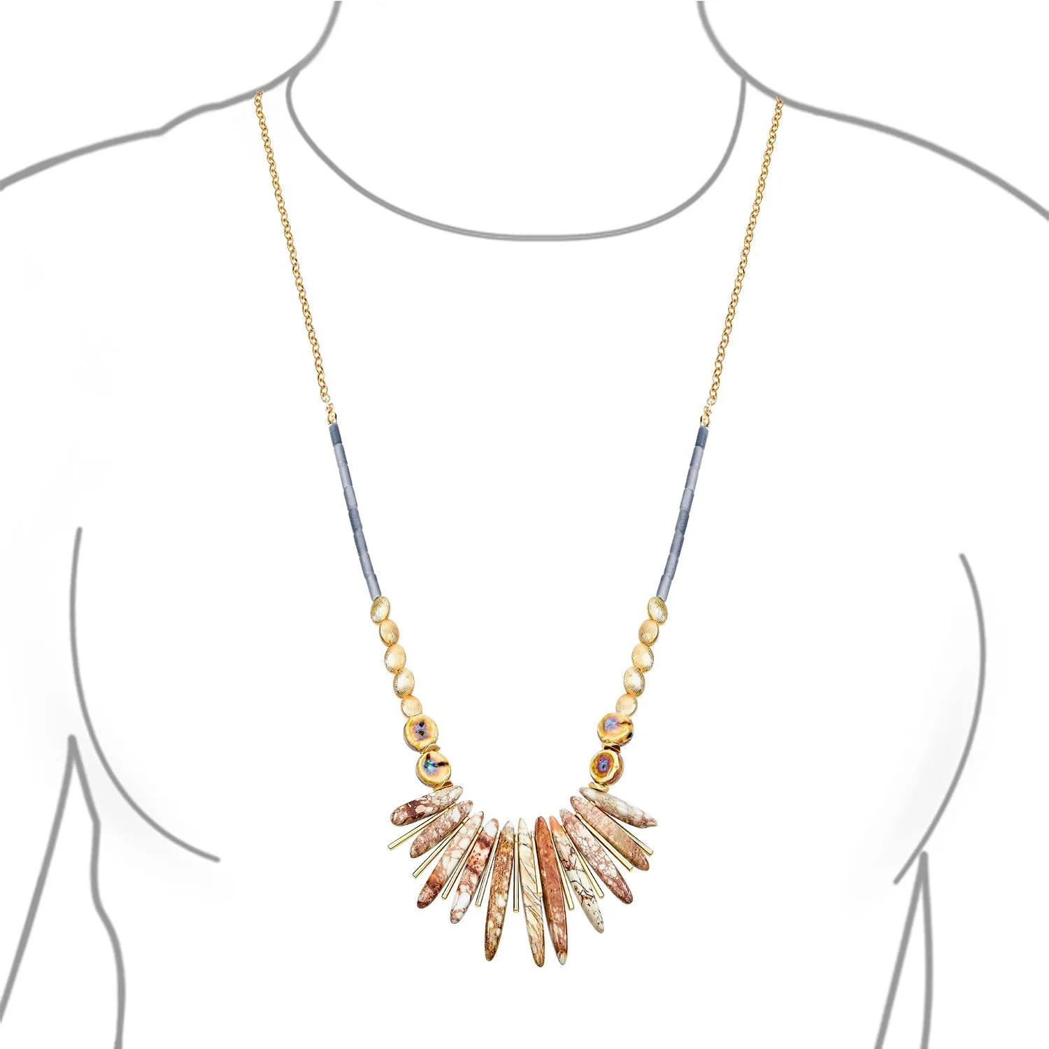 Tribal Spike Gemstone Collar Necklace with Irregular Beads for Teens Gold Plated