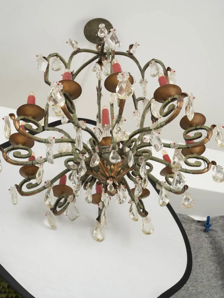 Very Large French Vintage Iron Chandelier w/ Verdigris Patina